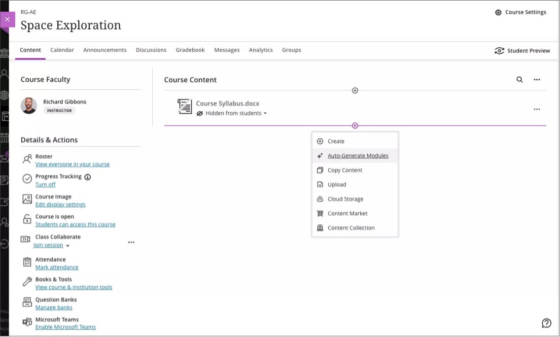 Example of context picker for learning module generation; select Auto-Generate Modules from the plus icon's dropdown menu