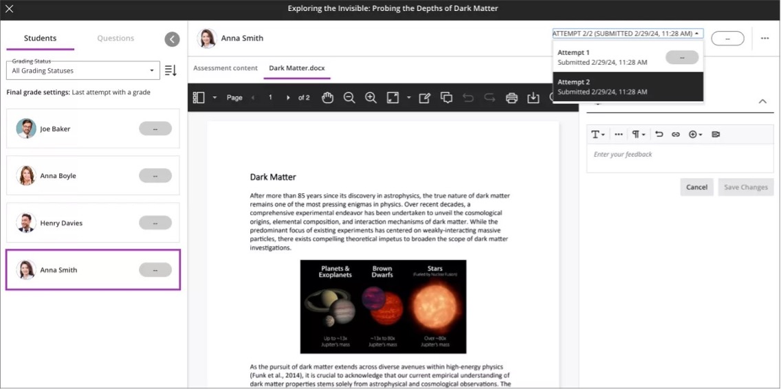 Instructor view displaying the relocated attempt selector next to the attempt grade pill