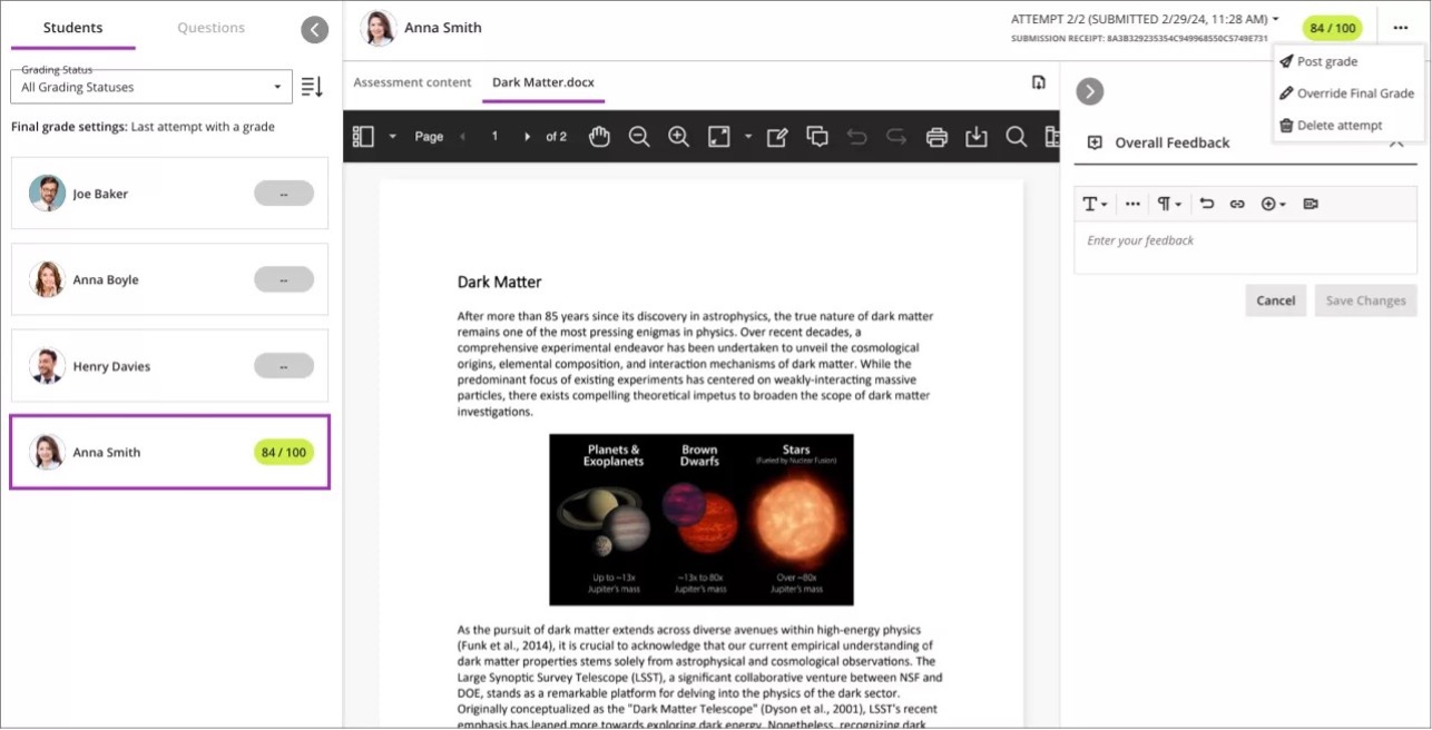 Instructor view displaying the new override grade workflow