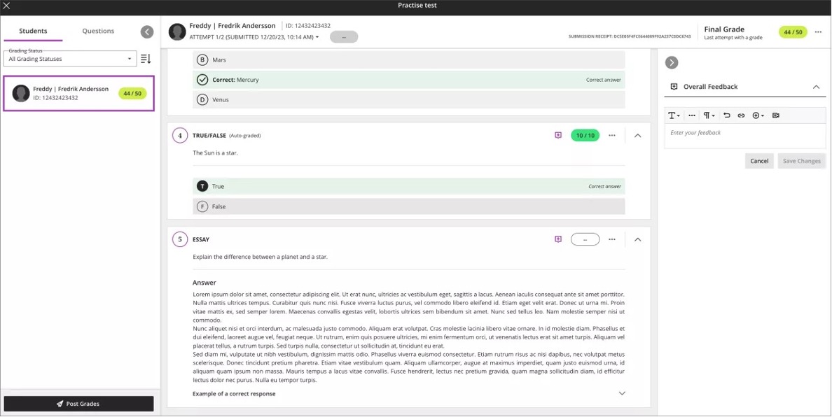 Instructor view of adding per question feedback