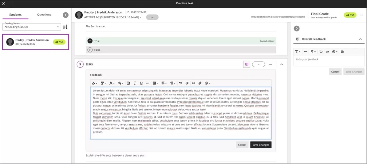 Instructor view of question with saved feedback