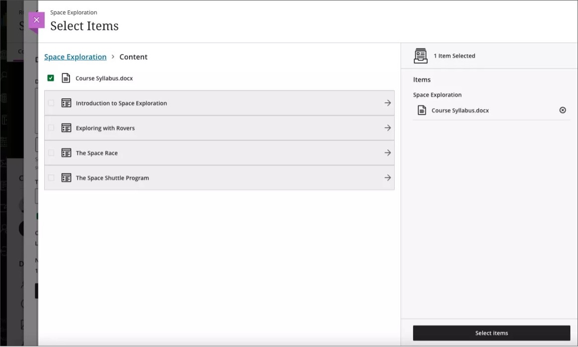Select course items for context and then choose Select items