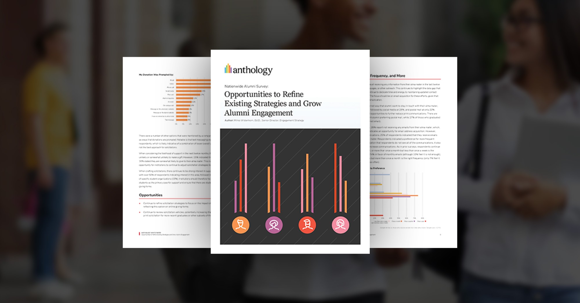 Three pages of a report overlaid on a background of students standing and talking to one another.