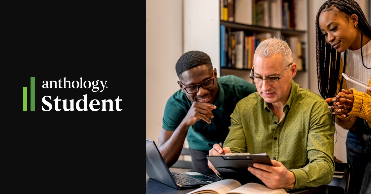 Anthology Student hero image of three people working together in a classroom environment 