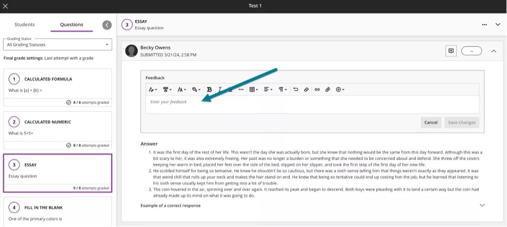 Instructor view of adding per-question feedback when grading by question