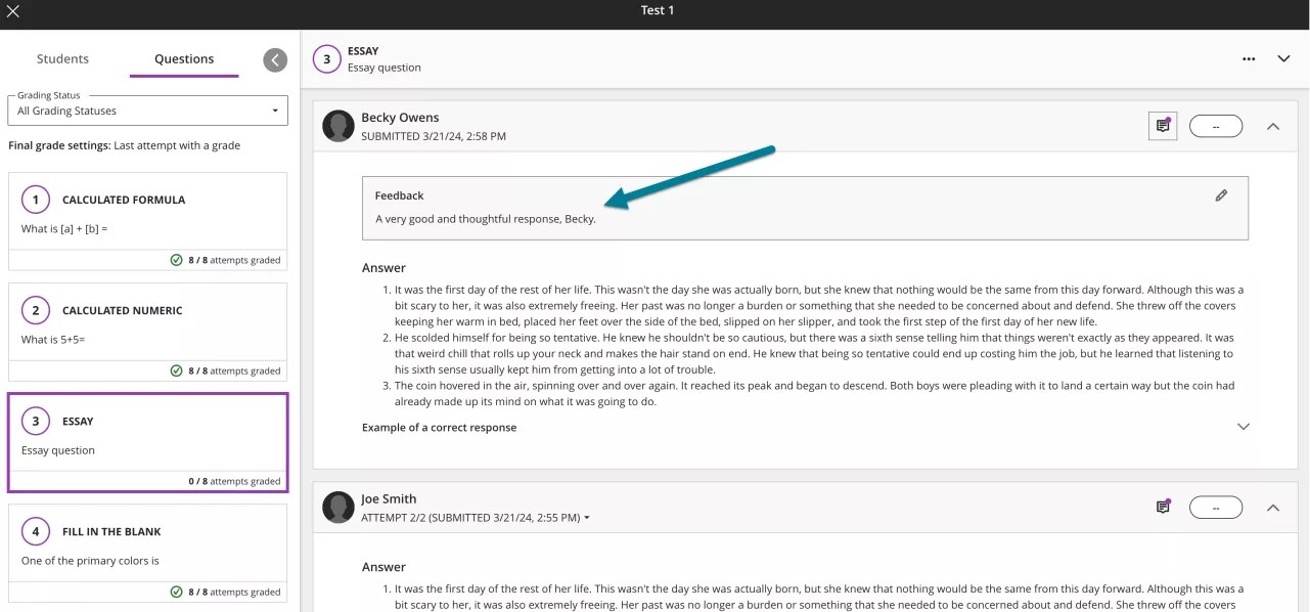 Instructor view of question with saved feedback