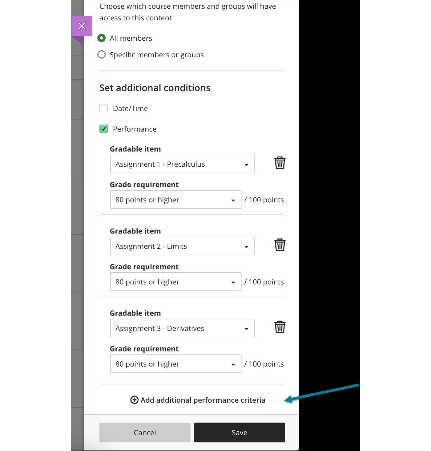 Release condition panel with additional performance criteria selected