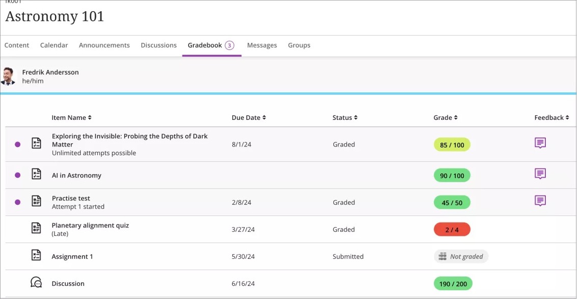 Student view of the gradebook displaying the grade indicator on the Gradebook tab and corresponding purple indicators for the three relevant items; the new '(Late)' label is also visible