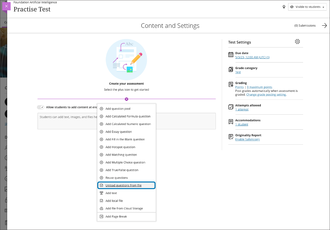 Instructor view – Upload questions from file option in tests - this same option exists for assignments