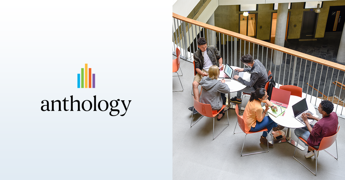 Anthology logo on white background on one half and students sitting around two tables with laptops on the other half.