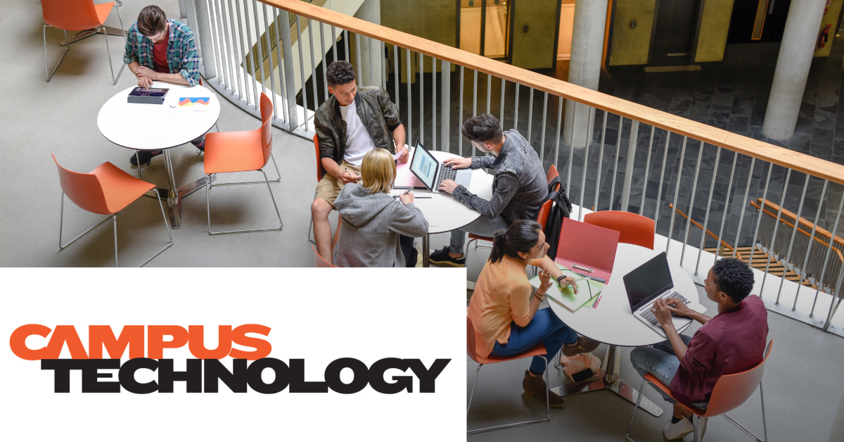 Image of a group of students sat in front of three different tables while working with their laptops and other electronic devices. On the lower left corner is placed the Campus Technology logo.