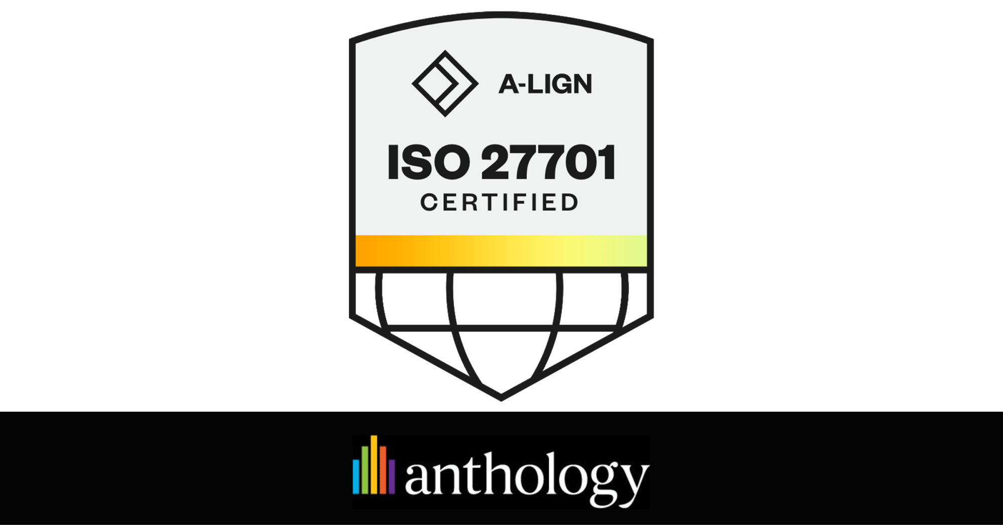 ISO 27701 Certified by A-LIGN badge locked up over the Anthology logo