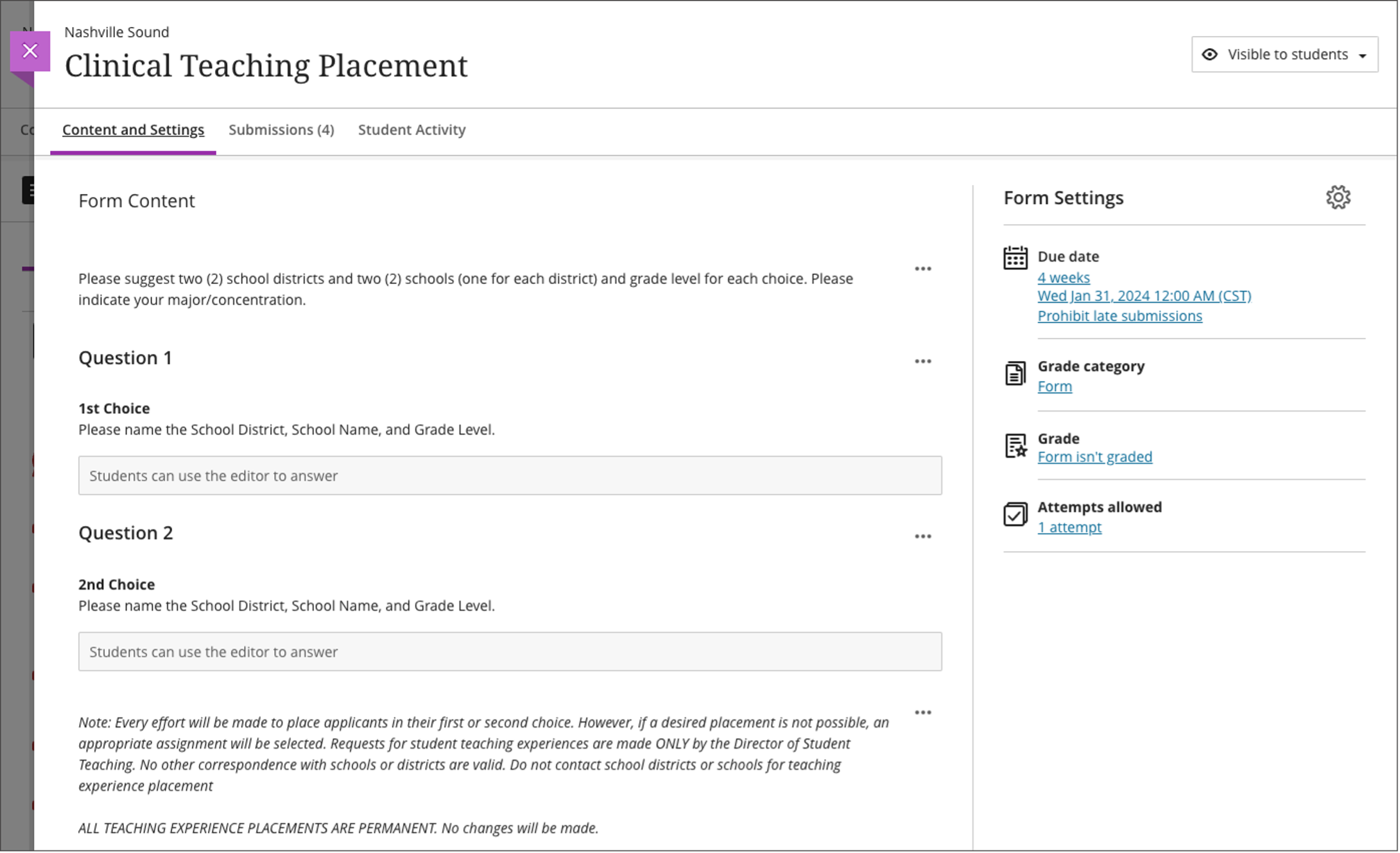 Example of ungraded Form used for clinical teaching placement