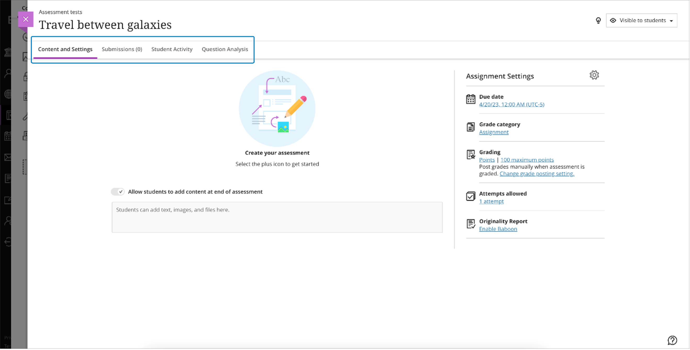 Assessment with Content and Settings, Submissions, Student Activity, and Question Analysis tabs