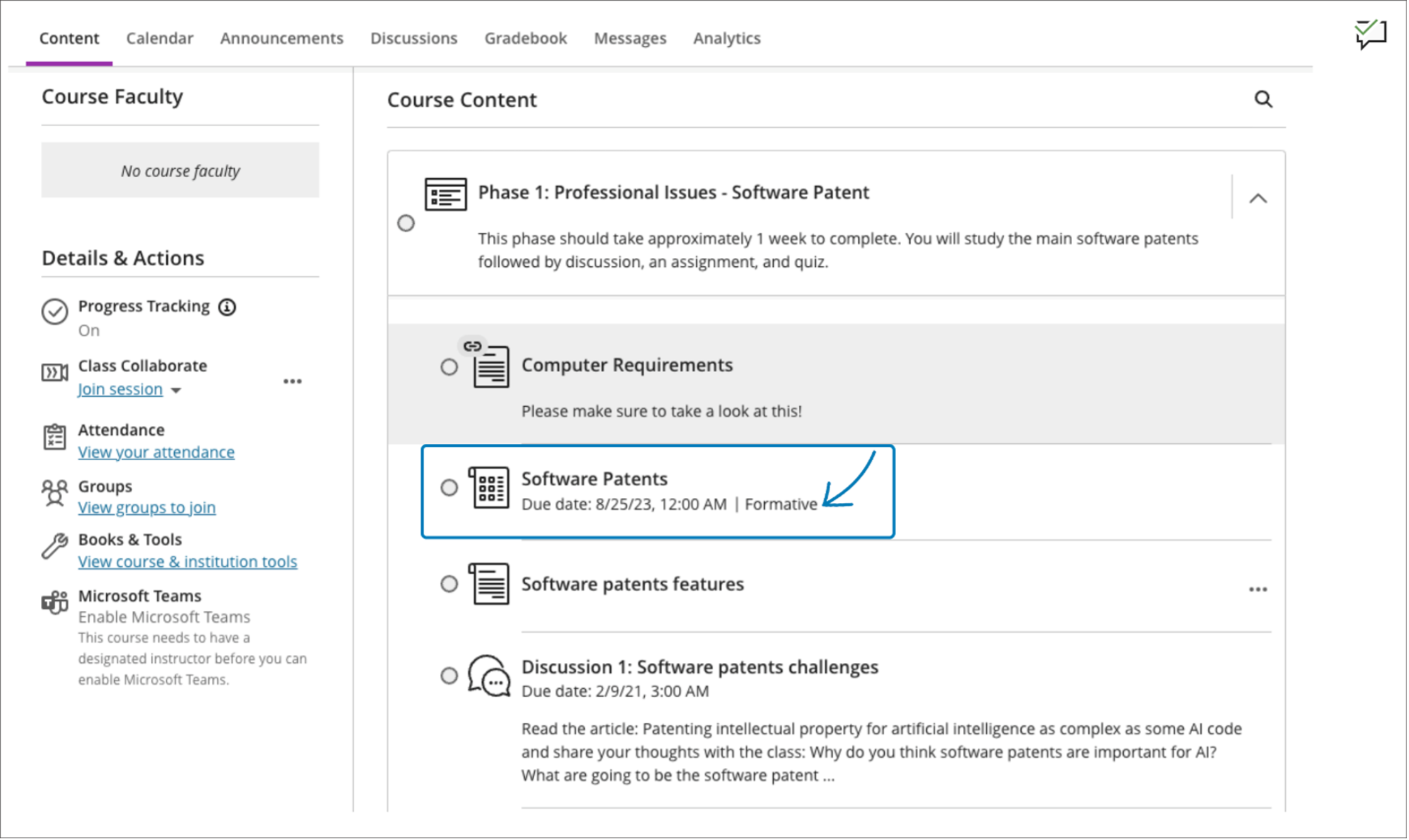 Student View – assessment labeled as formative on course content page