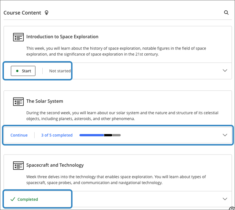 Start and Continue options change based on the student’s progress; when complete, the status changes to Completed