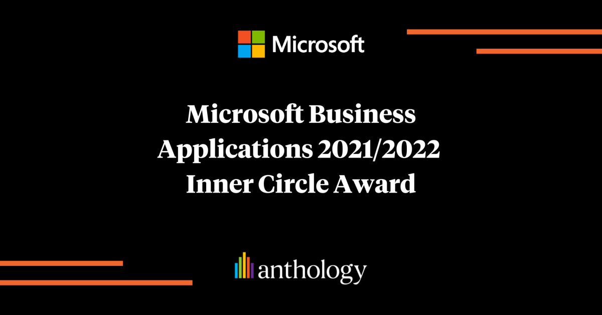 Image with the Microsoft and Anthology logos and the text, Microsoft Business Applications 2021/2022 Inner Circle Awards