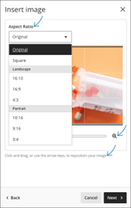 Modify the zoom and focus of the image; set the aspect ratio