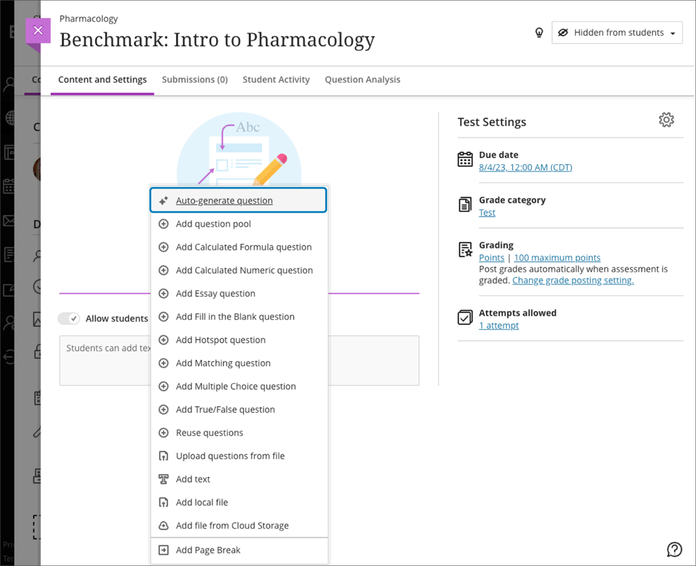 Auto-generate question option in assessments