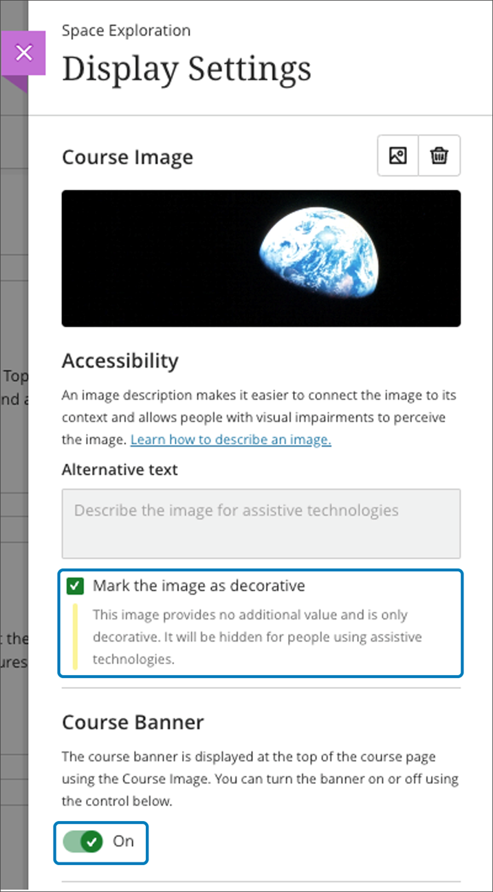 Image marked as decorative and course banner toggle set to on