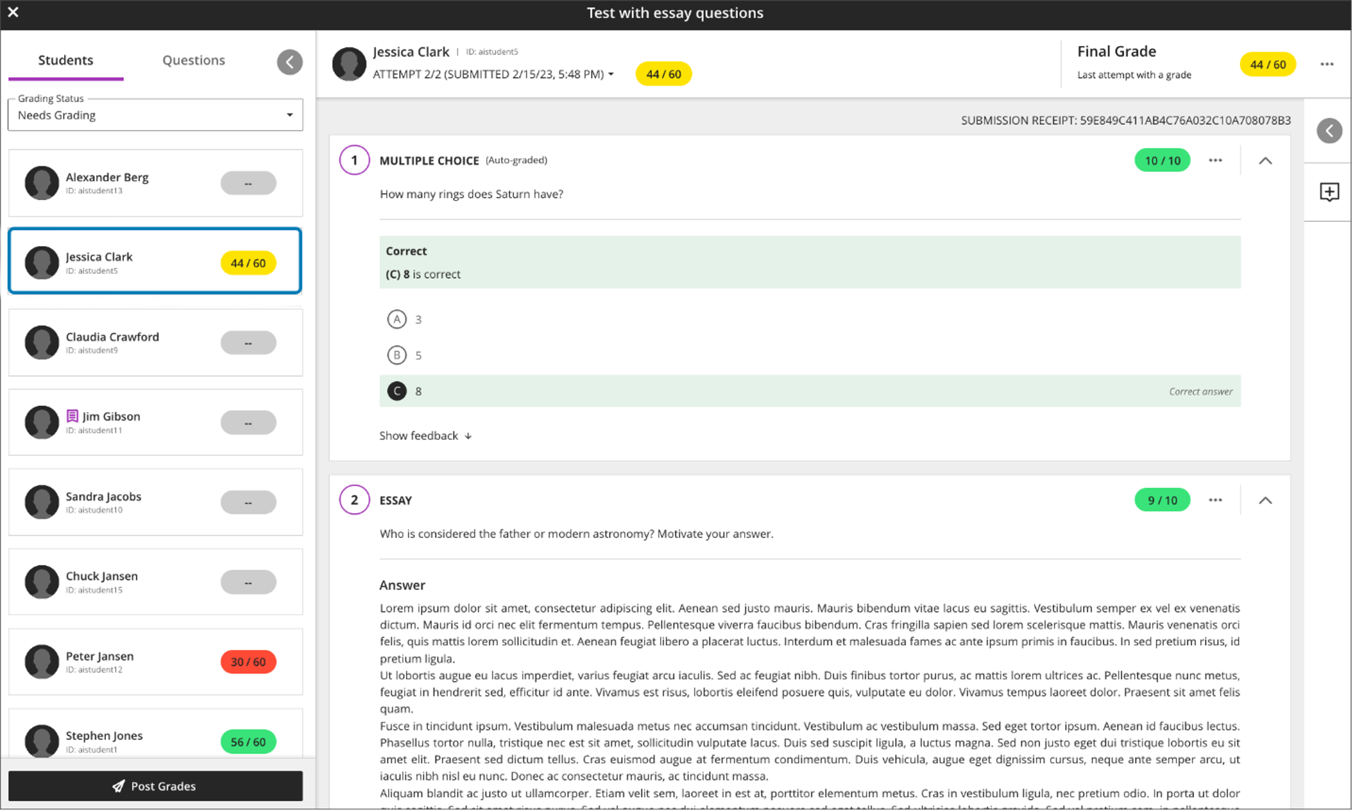 Instructor view of grading a test by question