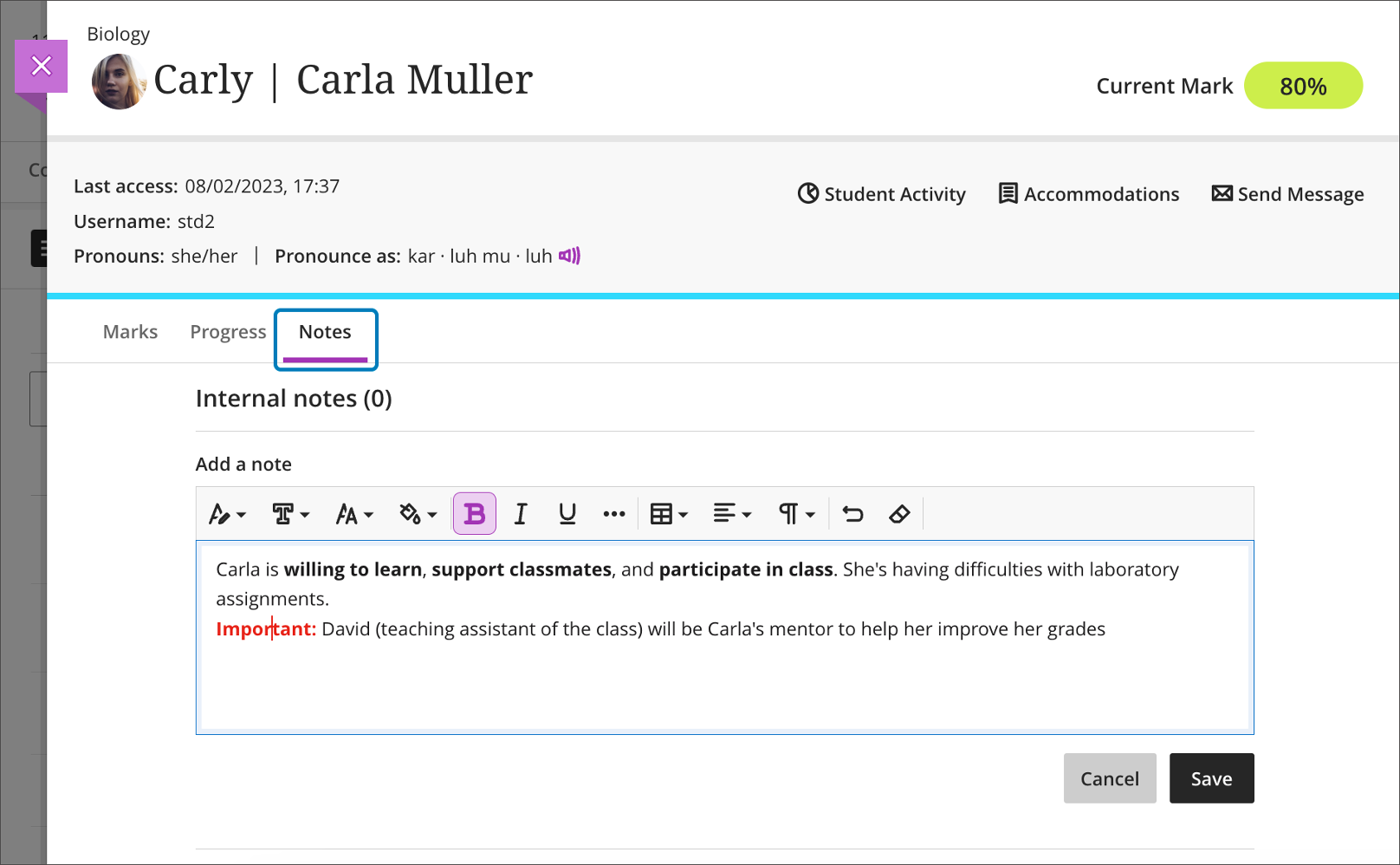 Image 1. An instructor adds a note using different formatting options