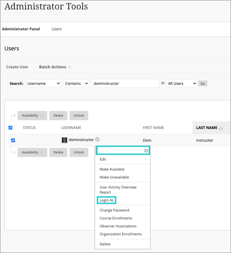 Image 12. Search for a user and select the Login As option