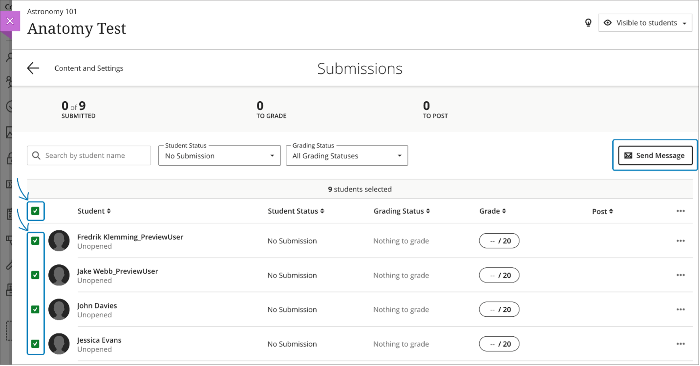 Image 3. Instructor view of the submission page filtered by “No Submission”; the instructor may select desired students to send a message.